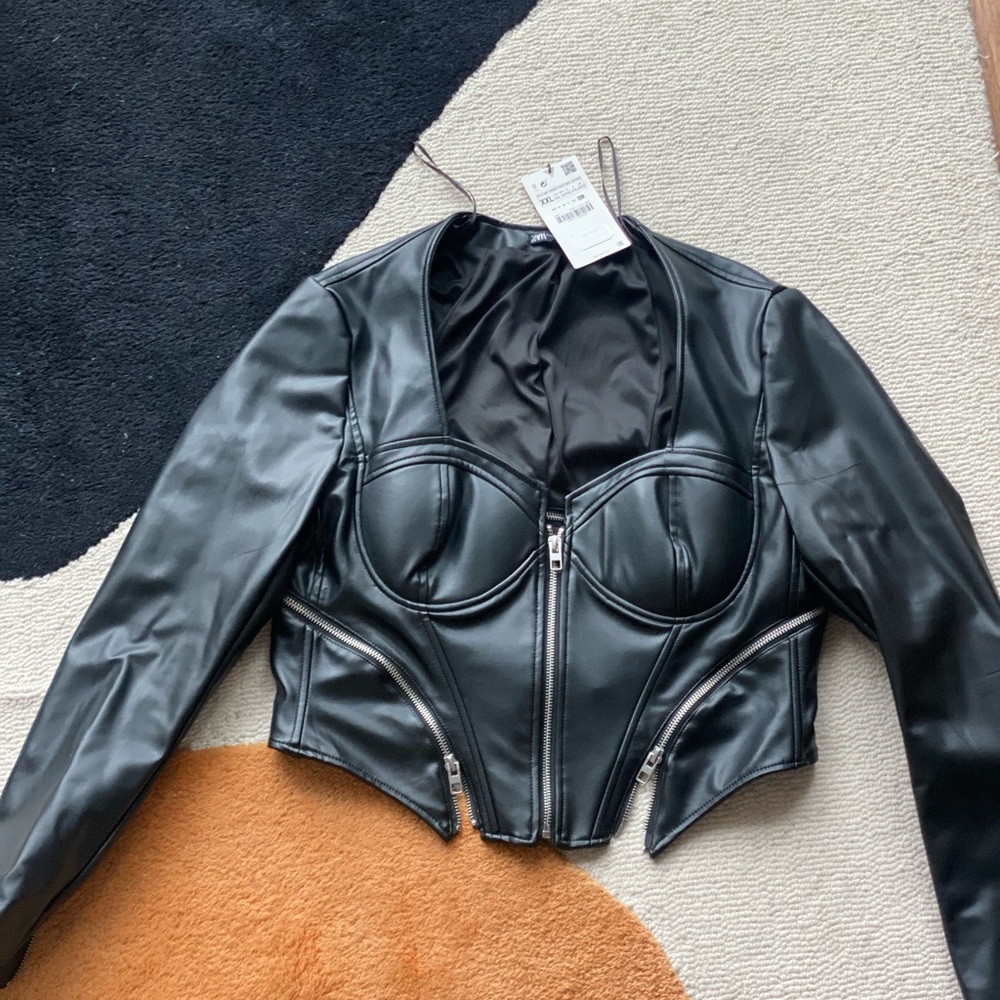 NWT Zara Black Leather (Vegan) Corset Jacket - L/XXL